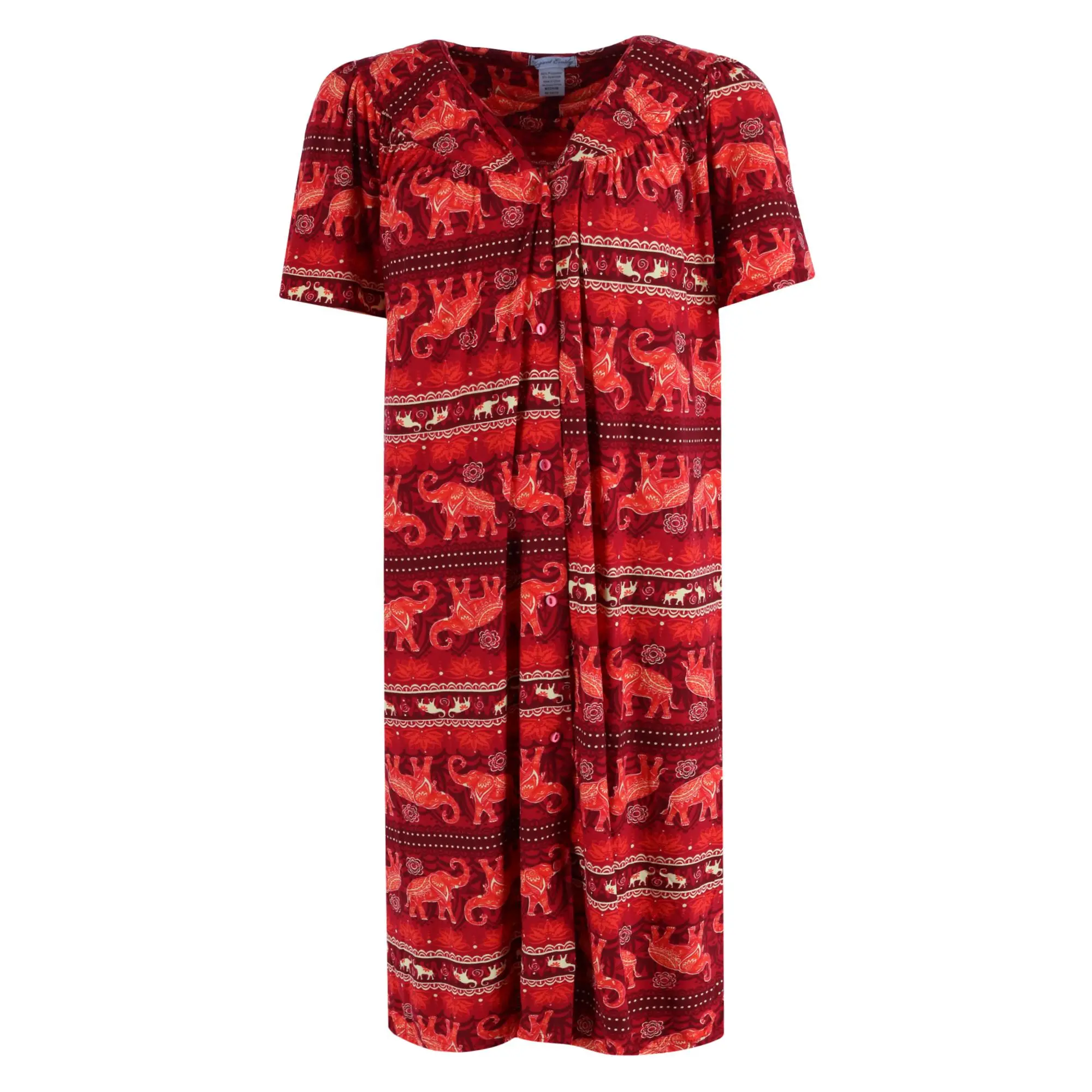 Elegant Emily Women's Soft Elephant Print Duster Gown, Short Sleeve Button-Front Loungewear Nightwear, Shortsleeve, Embroidery, Ultra Soft, Casual