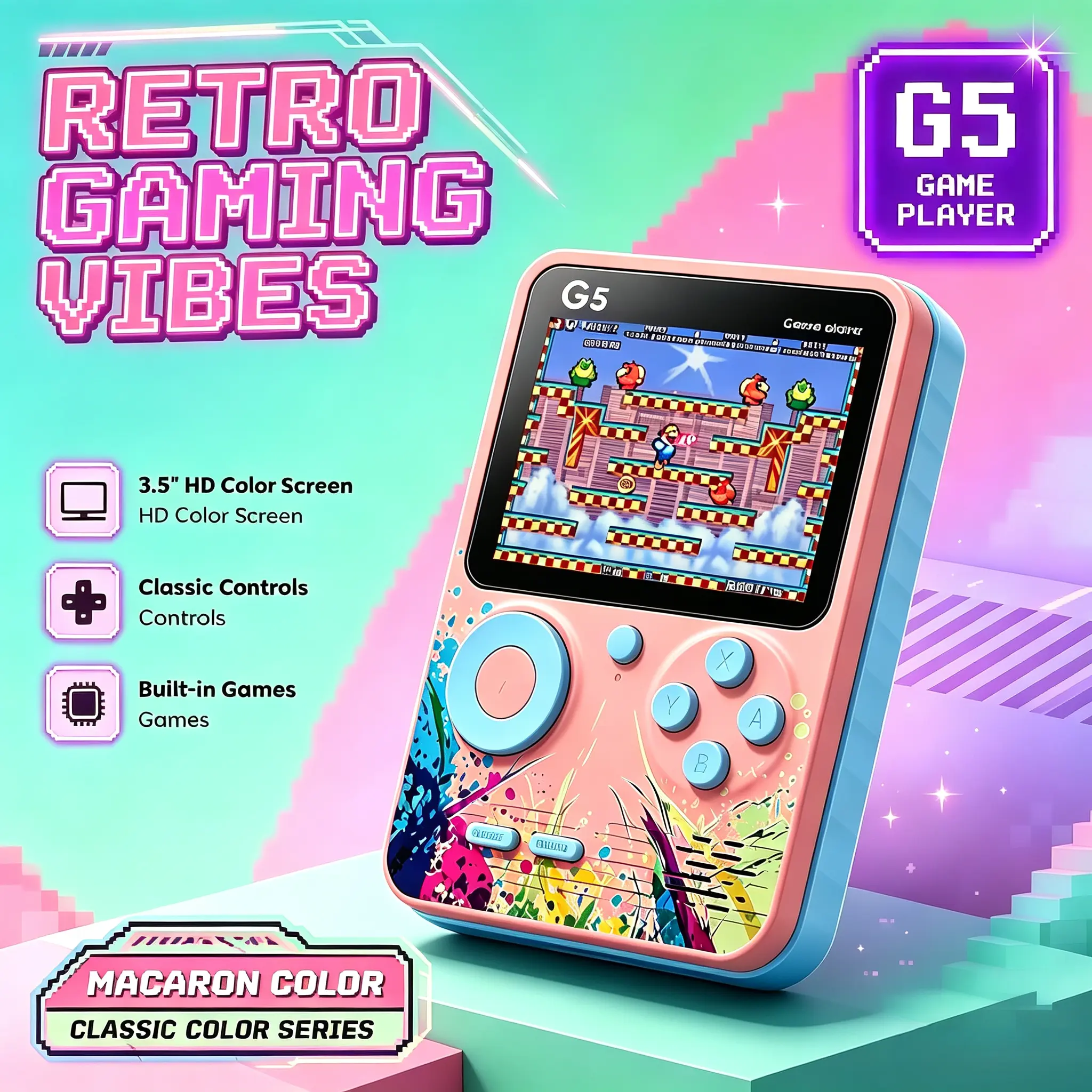 Retro Handheld Gaming Console - Portable Pocket Arcade Video Game Machine, 500+ Classic Games, 2-Player Support, USB-Enabled, Controller, Cable, Pink Single-Player Version, Cool Gadgets Gamer Stuff for Nostalgic Gamers