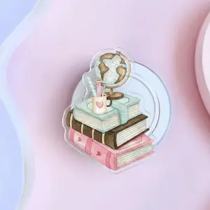 Cute Book Stack Phone Grip – Aesthetic Reading Lover Pop Grip Stand, Vintage Globe & Coffee Cup Design, Gift for Bookworm Girls