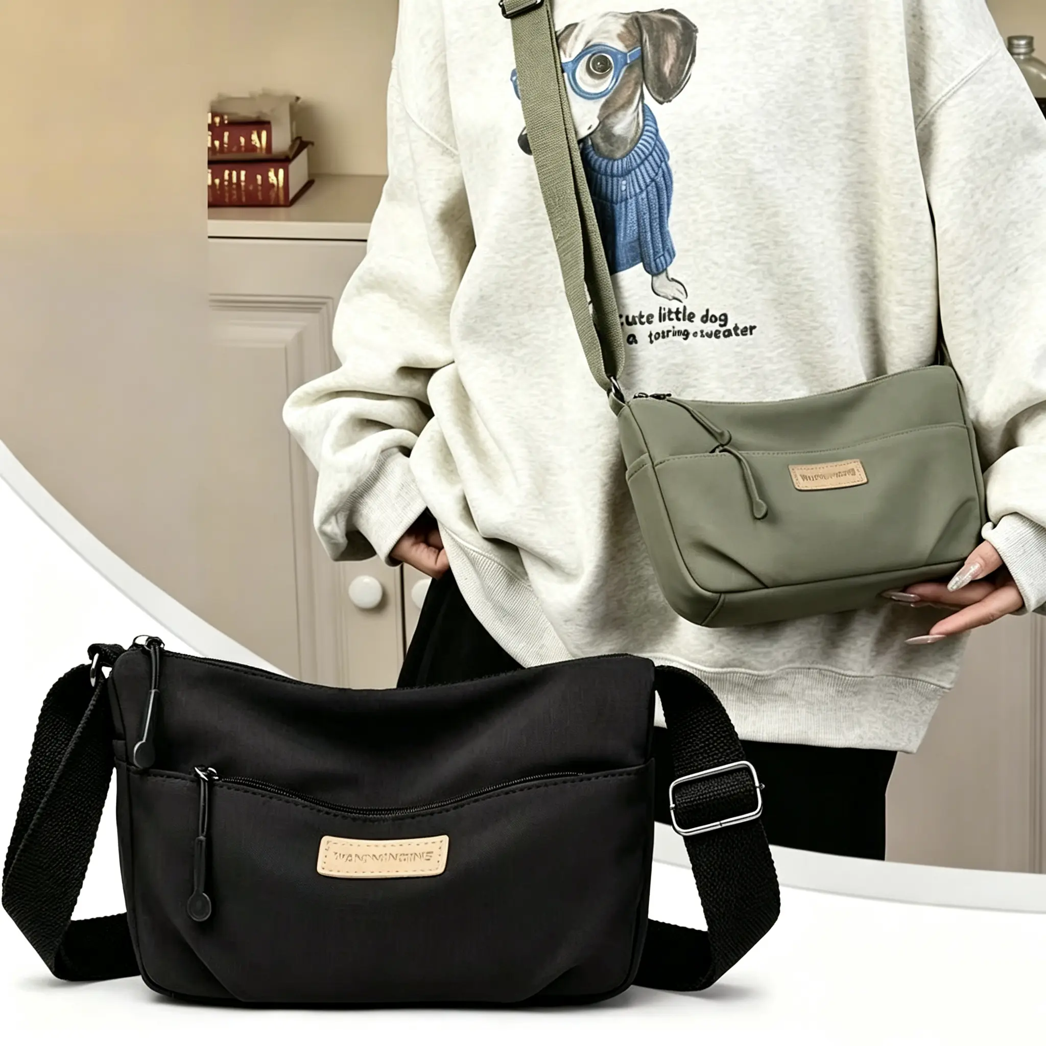 Men's and women's stylish small crossbody bag, mini crescent-shaped bag with adjustable shoulder strap, zipper lightweight nylon bag