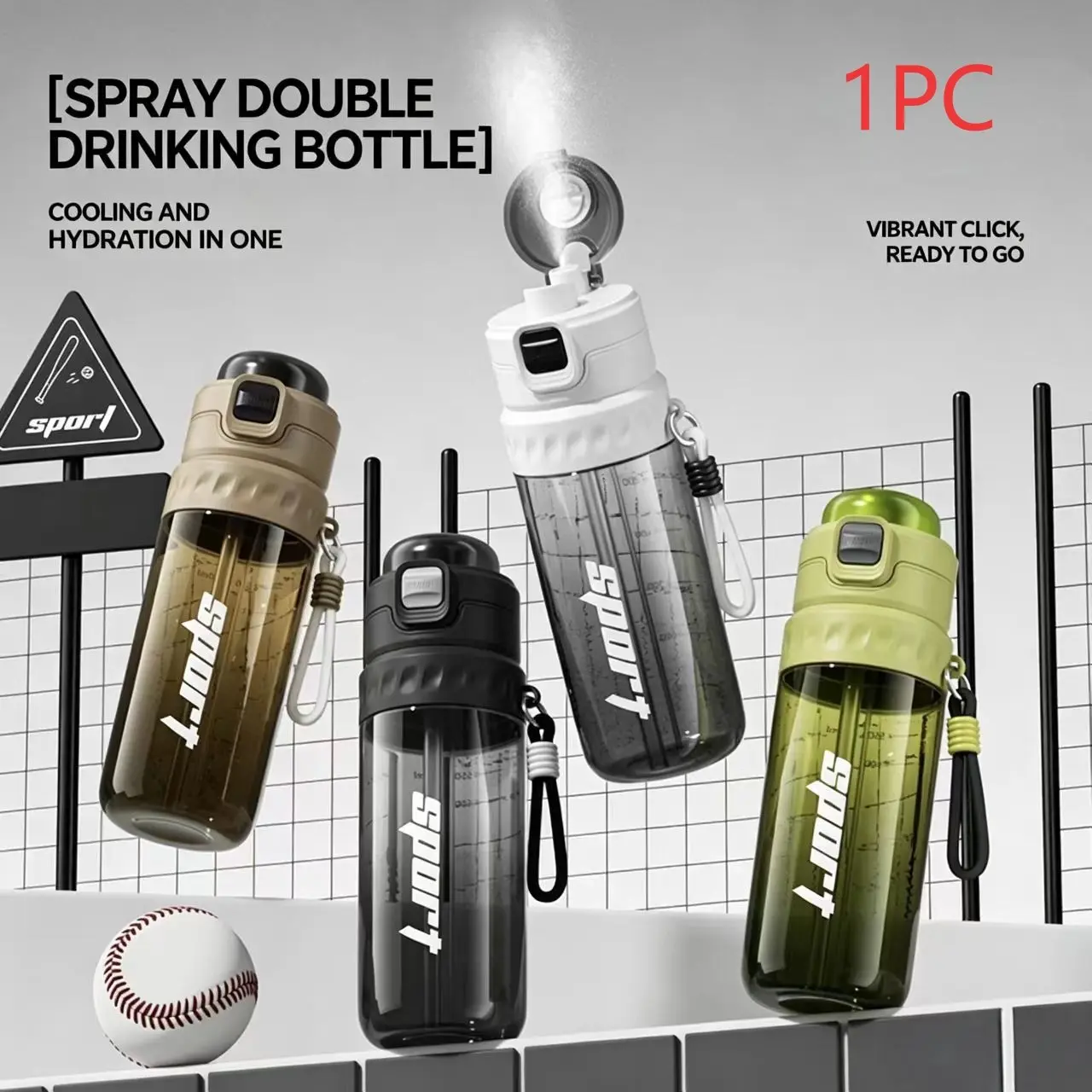 Summer High-Profile Spray Water Bottle, Large Capacity Sports Straw Cup, Men's Outdoor Cycling Plastic Cup, Cooling Drinkware, Sports Water Bottles, Workout Water Bottle