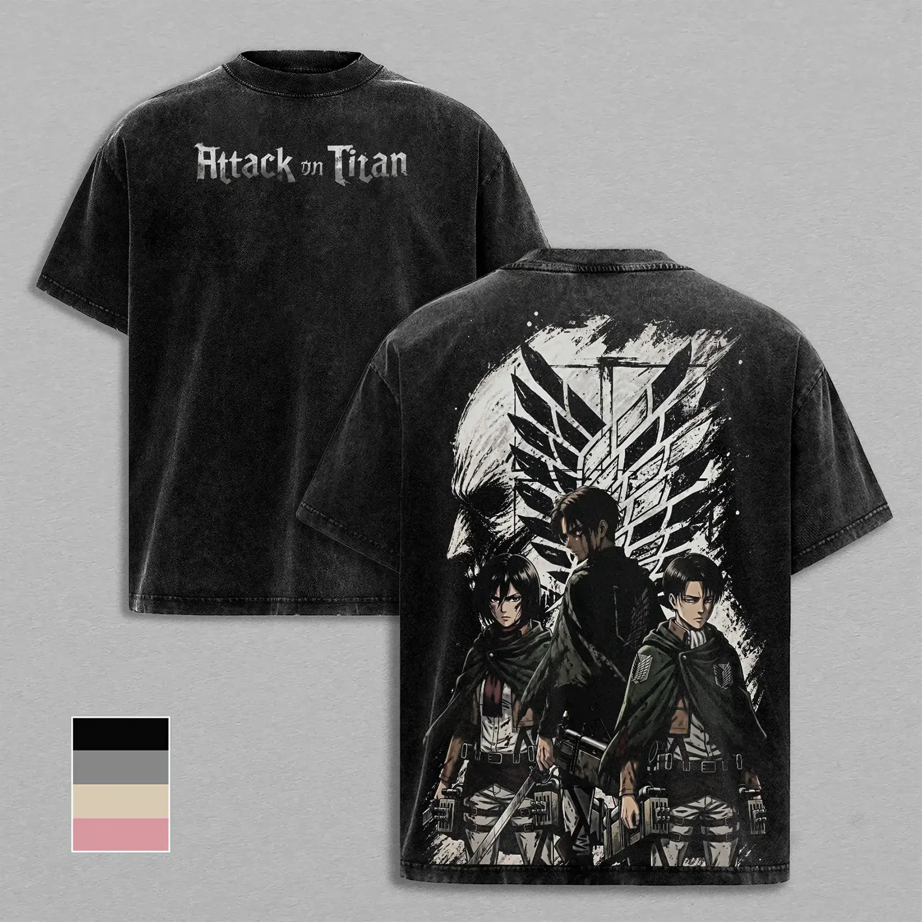Attack on Titan Washed Tee, Survey Corps Anime Graphic Tee, Eren Yeager Mikasa Ackerman Levi Ackerman Shirt, Vintage Washed Shirt, Manga Lover Gift