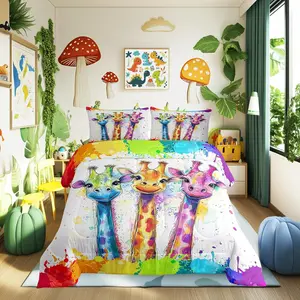 Watercolor Giraffe Comforter Set for Kids Adults,Rainbow Paint Graffiti African Wildlife Bedding Comforter Set,Hand Drawm Animals Cartoon Quilt Comforter