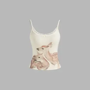 Cider Deer Graphic Bowknot Lace Trim Cami Top SwimWeek SummerWins