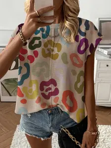 Summer Round Neck Short Sleeve Knit Top, Knitwear, Leopard Print Casual Wear, Women's Loose Fit Sweater, Womenswear, Perfect for Daily Use & Leisure, Knitting