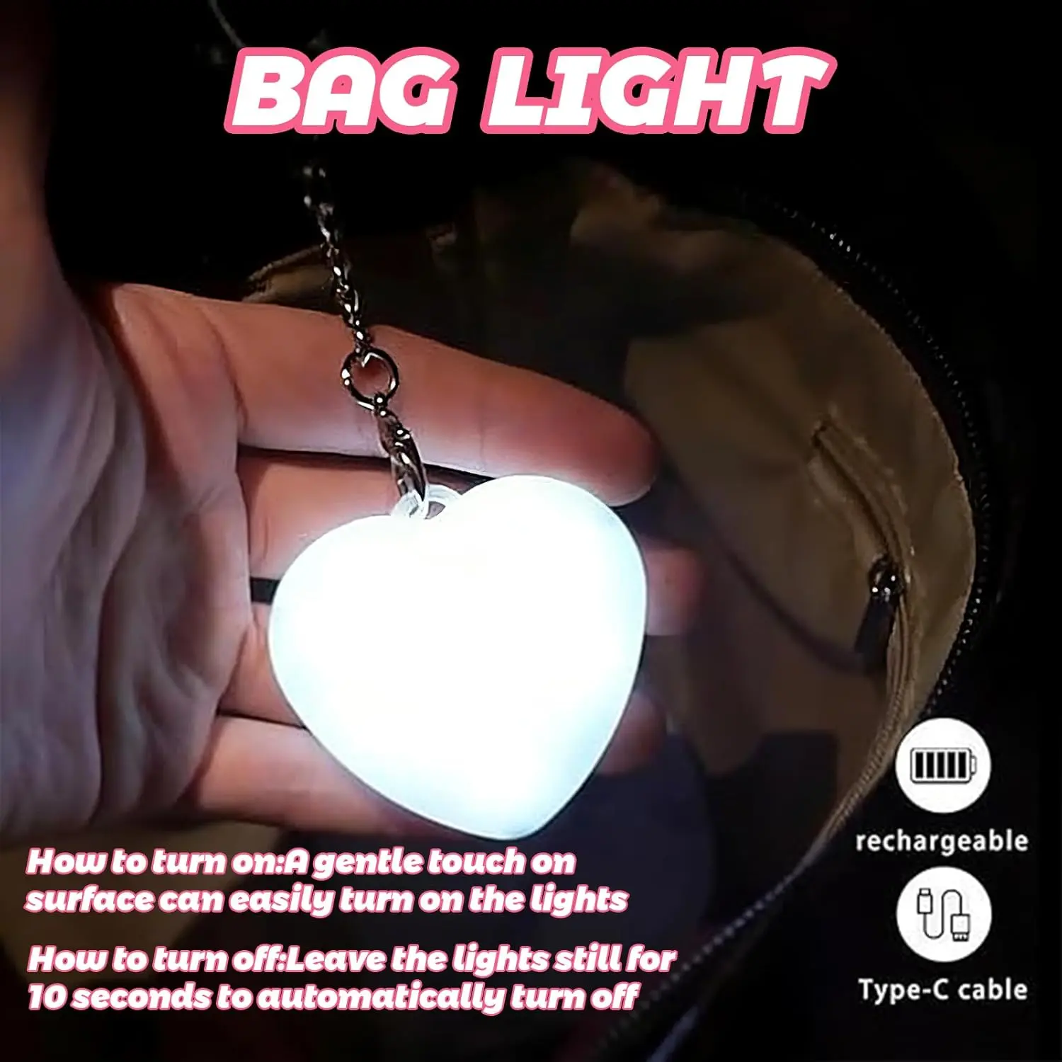 (USA Seller) Heart Shaped LED Bag Light Keychain – Mini Purse Light, Clip-On Safety Night Light for Handbags, Backpacks, Gifts