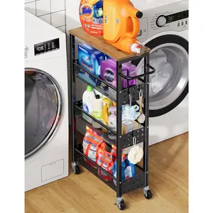 Utility Slim Storage Cart, Skinny Rolling Spice Rack with Table Top, Small Laundry Organizers and Storage Shelves for Between Washer and Dryer, Thin Shelf for Narrow Spaces, 4 Tier Bathroom Cabinet
