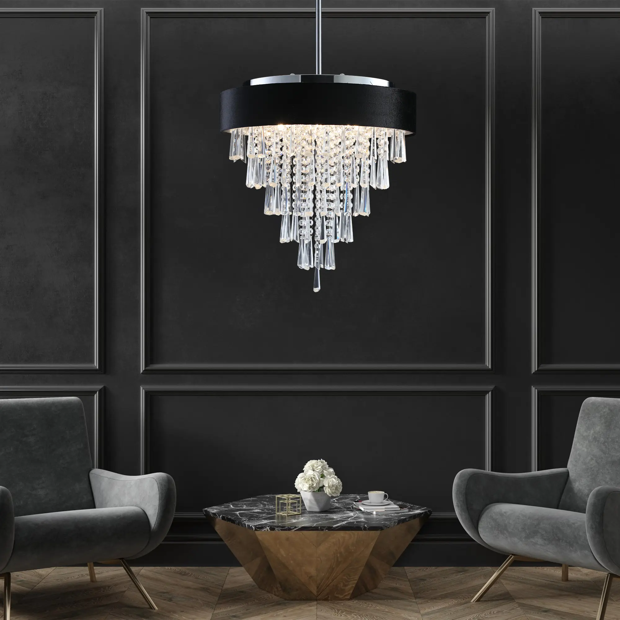 18-Inch Crystal Chandelier with 8 G9 Lights, Adjustable Height, Black Velvet Anti-Glare Shade for Dining Room, Living Room, Bedroom, Kitchen, Entryway, Foyer, Hallway (Bulbs Not Included)