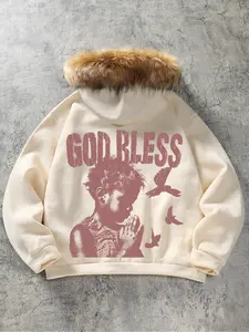 Men's Faux Fur Hooded Zipper Jacket, God Bless Prayer Boy and Dove Pattern, Street Fashion Coat, Warm Stylish Design, Fall & Winter