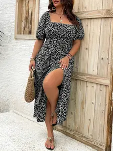 【Plus Size】Ditsy Floral Print Square Neck, Casual Fashion Long Sleeve Dress for Daily Outdoor Wear, Women Plus Clothing for All Seasons, Boho Sundresses