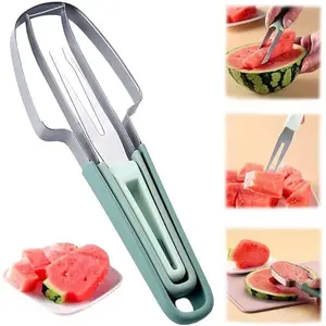 3 in 1 Stainless Steel Watermelon Cutter Slicer Tool with Fork for Serving & Plating - Lightweight Portable Kitchen Utensil for Fruit Salad & Melon Slices, Stackable
