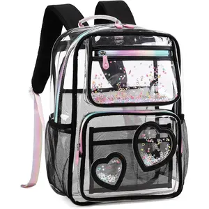 Clear Backpack for Girls Kids Elementary Bookbags Transparent Stadium Approved Travel Daypack See Through Middle College School Bag Large Laptop Backpack for Women Teens Students (Black)