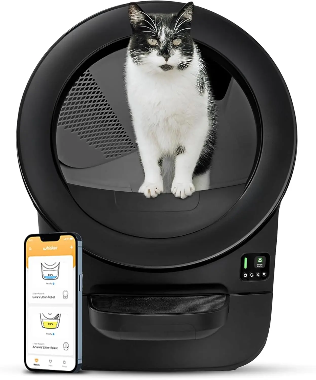 Whisker Litter-Robot EVO Automatic Self-Cleaning Cat Litter Box, Black, Compact Space-Saving Design, Advanced Odor Control, Works with Any Clumping Litter, WhiskerCare 1-Year Warranty