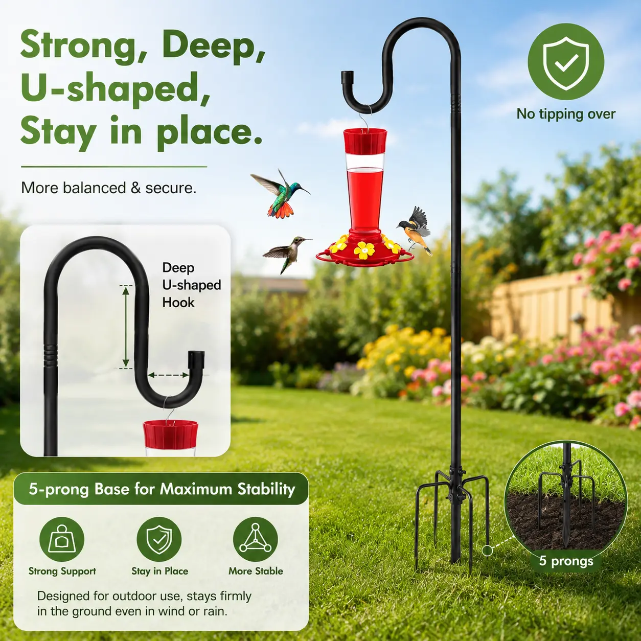 Heavy Duty Adjustable Metal Outdoor Shepherd's Hook with 5 Prongs, 5-Prong Base, Ground-Depth Holes for Hanging Plant Baskets, Bird Feeders, Solar Lanterns, Garden Decor
