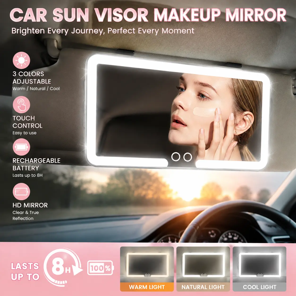 Sun Visor Vanity Makeup Mirror, Car Interior LED Makeup Mirror, Multifunctional Compact Car Interior Accessories for Women, Universal Car Accessories