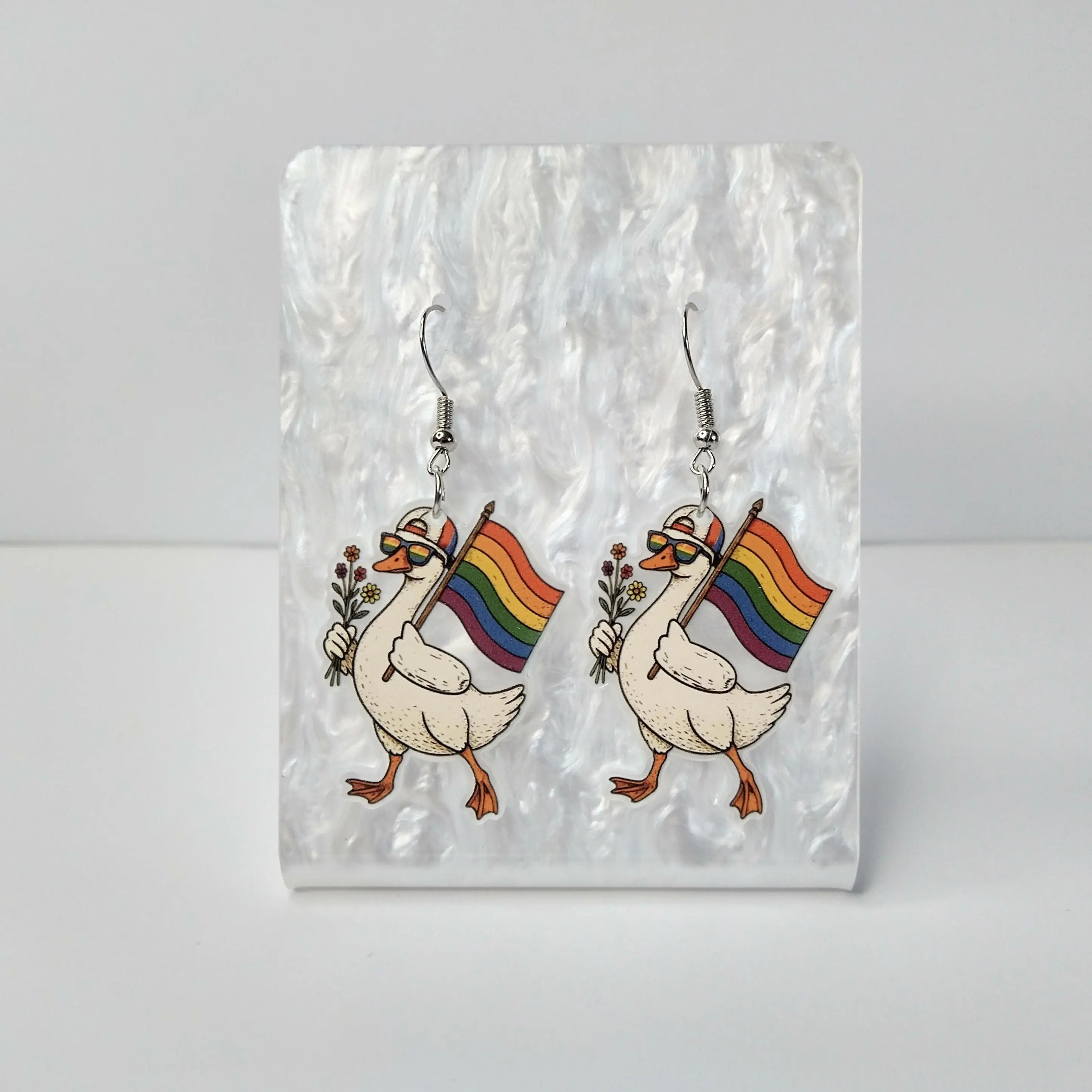 #227 Duck with Rainbow Flag, Sunglasses, Hat & Flowers Earrings, Casual Pride Jewelry, Acrylic