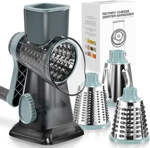 Rotary Cheese Grater Hand Crank Transparent - Shredder Slicer Grinder 3 Stainless Steel Blades, Stable Suction, Labor-Saving Handle, Safe Kitchen Tool for Cheese, Vegetable, Nuts, Chocolate
