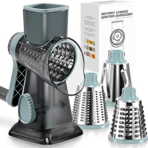 3-in-1 Rotary Cheese Grater-Mandoline Slicer - Hand Crank Kitchen Utensil with Strong Suction Base, 3 Stainless Steel Drum Blades for Vegetable Shredding, Nut Grinding