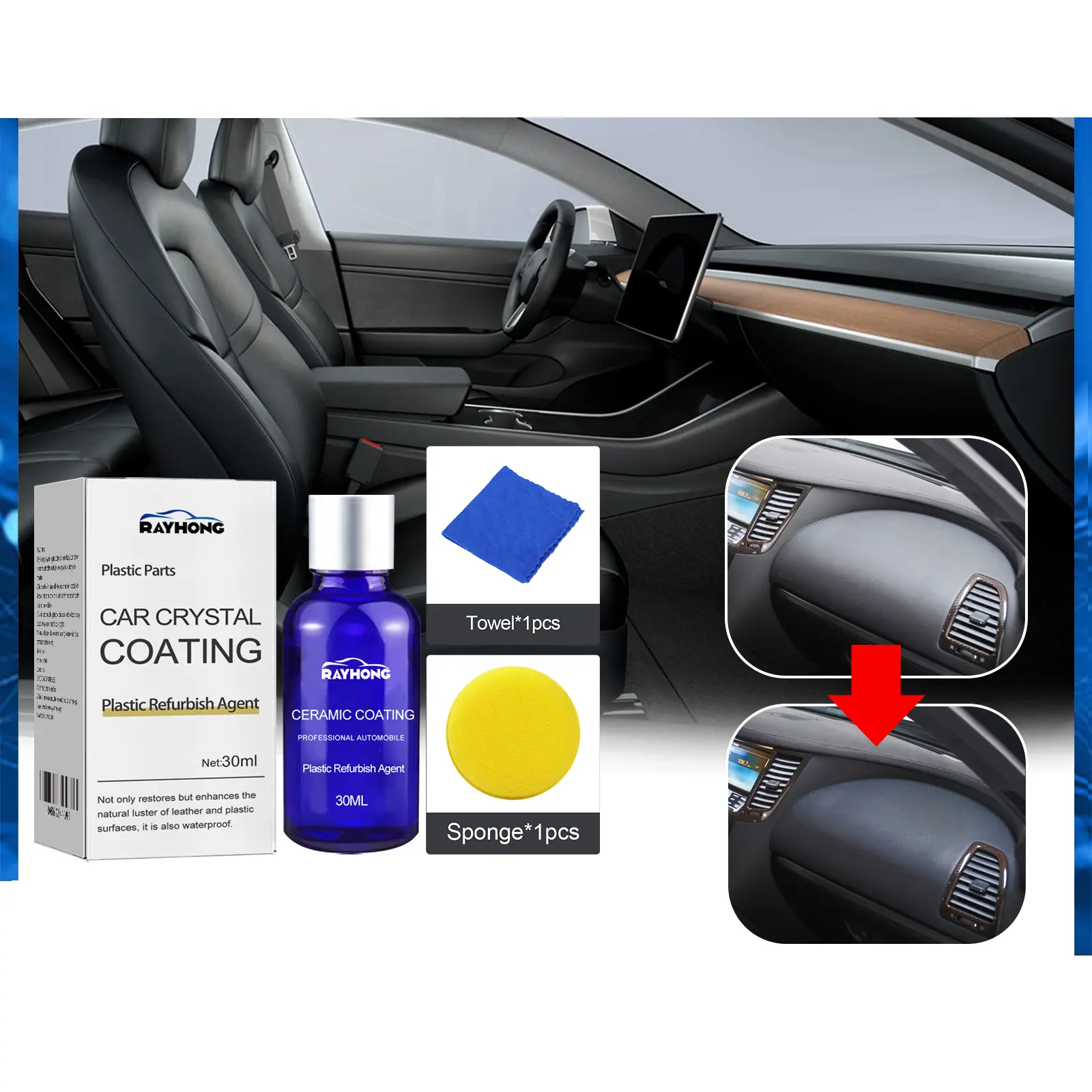 Nano Plastic Car Restoration Kit with Deionized Water, 1x Restorer Bottle, 1 Sponge - SiO2 & Silicone Tech, Shine Boost, UV Shield, Quick App for Faded Surfaces, Door Panels, Dashboards, Creates Protective Barrier (Cars/SUVs)