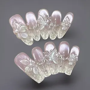 [Purple-Bauhinia Flower]Diamonds Sparkle Gold-Plated Double-Layer Embossed Cat-Eye Gradient Advanced Handmade Press on Nails Nail Art Sassy Stunning Elegant Luxurious Iridescent Glitter Butterfly fake nails nail stickers nail charms