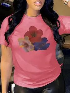 Women's Plus Size Floral Print Round Neck Tee, Casual Short Sleeve  T-shirt for Summer, Women's Clothing for Daily Wear