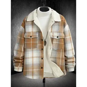 Men's Plaid Fur Collar Jacket, Button Front, Dual Pockets, Fleece Lined, Fall Winter Fashion, Warm Comfortable Casual Outerwear