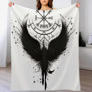 Viking Vegvisir Raven Fleece Blanket, Norse Mythology Black Crow Wings Print Soft Cozy Throw, Gothic Pagan Witchy Home Decor Gift for Couch Bed