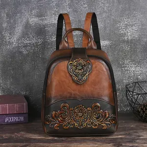 Aesthetic Vintage Backpack Purse for Women | Brown Leather Look Lace Print Satchel | Trendy Casual Daypack for Work & Coffee Dates