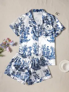 Summer Women's Short Blue Pajama Set, Button-Neck Top and Pants, Soft Sleepwear Loungewear, Casual Wear, Pjs