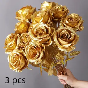 Rose Artificial Flowers Set of 3, Home Decor Artificial Flower Decorations Fake Roses, Creative Gold Plated Roses for Valentine's Day, Wedding, Dating, Fake Flower Decorative Bouquet