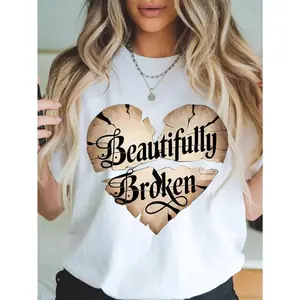 Women's Casual Crewneck T-Shirt with "Beautiful Broken" Heart Print, Regular Length, Perfect for Daily Wear, Spring/Summer Fashion, and Back to School Outfits, Ideal for All Seasons, Addicted Top for 2026 Summer Clothes Women