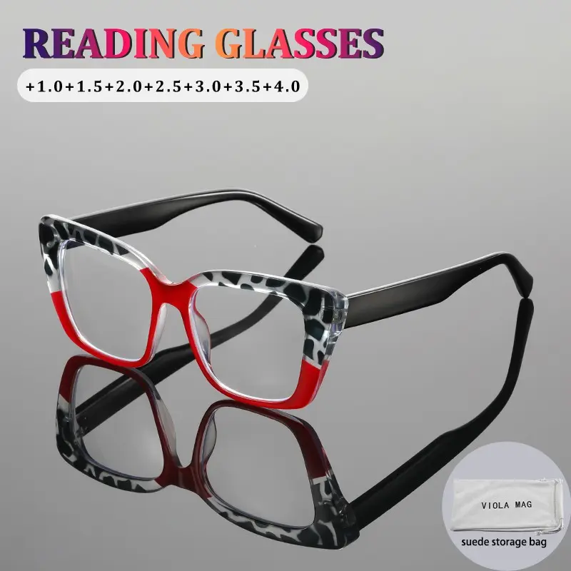 Leopard Print Patchwork Dual Color Large Frame Lightweight Cat Eye High Strength PC HD Blue Light Blocking Reading Glasses Reading Eyeglasses High Definition Glasses Reading Eyewear
