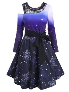 Rgothic Christmas Snowflake Ombre Lace Insert Belted Dress with Starry Sky Print and Bow Detail flowy  chiffon  dress plus size valentines day outfits