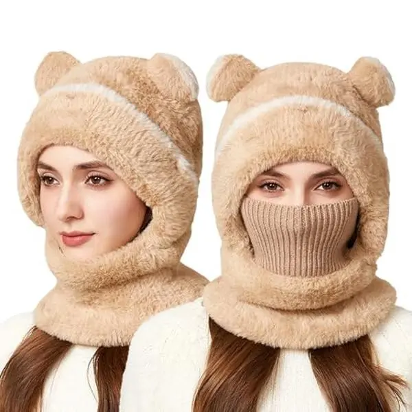 Bear Mask Cap, Winter 3 in 1 Fleece Beanie Hats Fall Winter Warm Knitted Ski Scarf and Mask Set,Cute Bear Knit Hood Scarf Head Cover Hat