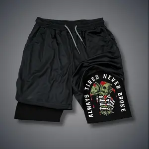 Viral Double-Layer Graphic Sports Shorts – “Always Tired Never Broke”Unisex Fit Streetwear Camo/Black Athletic Shorts For Vacation & Daily Outfits