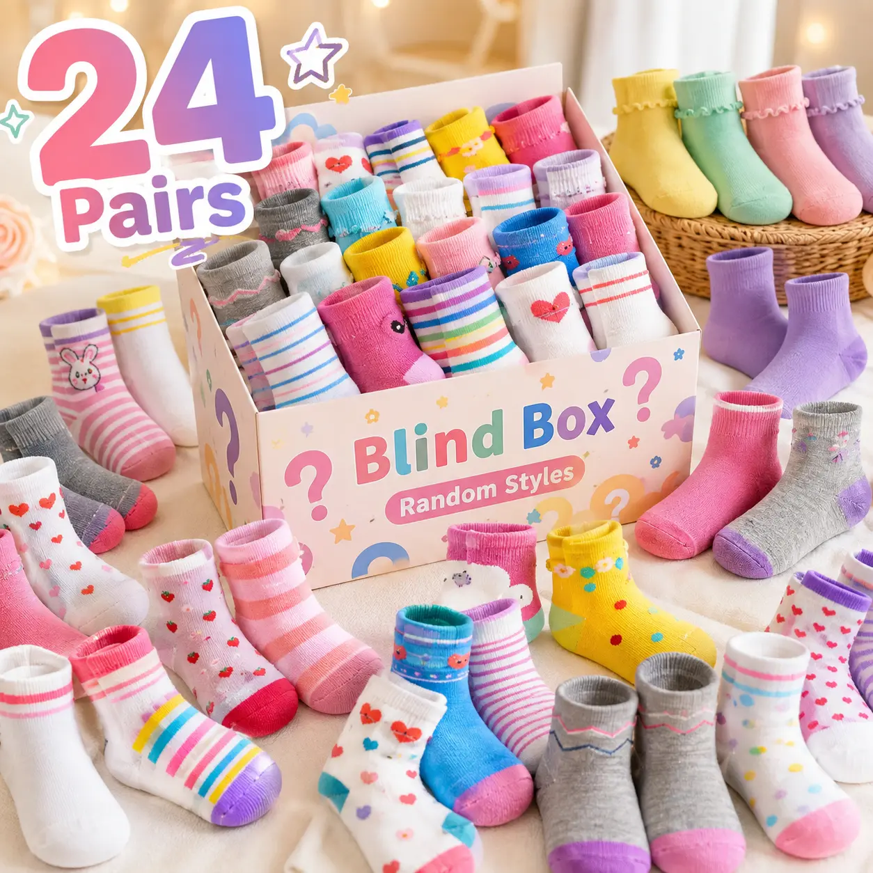 TPHON 24 Pairs Random Cute Pattern Kids Socks Blind Box Ages 1-14, Seamless Non Slip Gripper Cotton Socks, Stay Up Breathable Hypoallergenic, Back to School 2026, Crazy Socks Day School Uniform, Cartoon Mismatched Socks Gift for Boys Girls sohochic