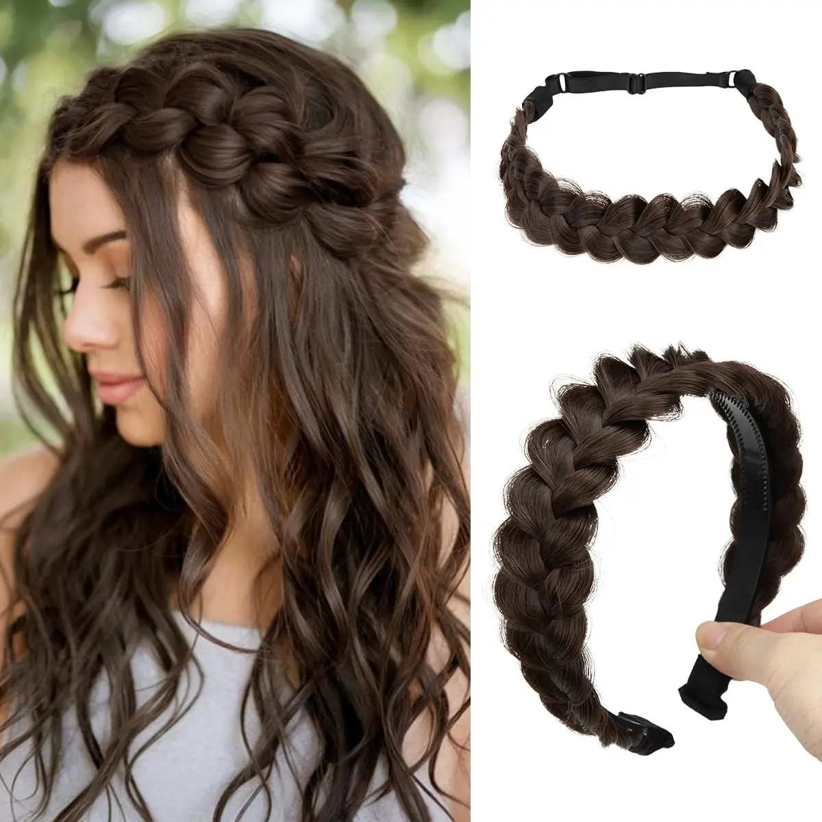 2 count Braided Headbands   for Women Synthetic  Hoops  Bands  Braid band Accessories Elastic Stretch Headwrap Dark