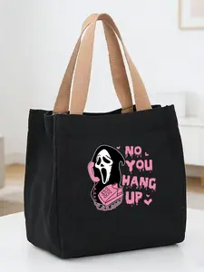 Women's Ghostface Scream "NO YOU HANG UP" Unique Print Canvas Tote Bag, Horror Themed Black Handbag with Contrast Handles
