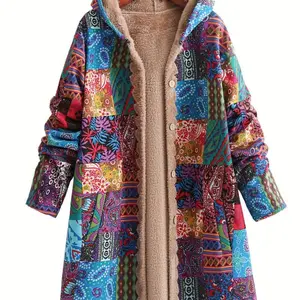 Warm Wool Lined Hooded Jacket - Colorful Paisley and Floral Print Long Sleeve Jacket for Women - Machine Washable, Front Button Fit