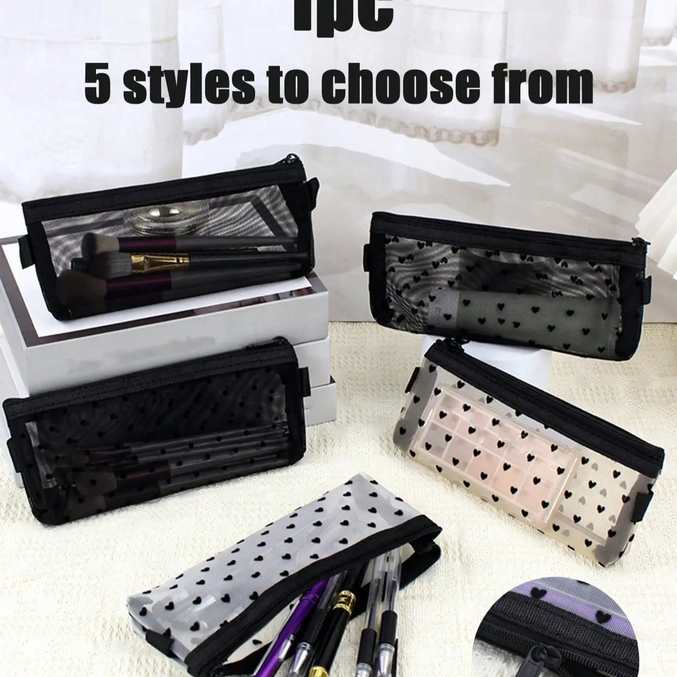 Fashion Mesh Makeup Bag with Heart Pattern, Polka Dot Zipper Pencil Case, Portable Brush Storage Bag, Travel Toiletry Bag, Travel Cosmetic Bags, Makeup Pouch, Valentine Gift