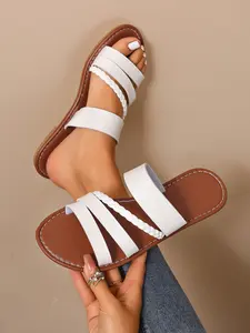 Women's Wide Fit Plus Size Flat Sandals, Crisscross Sandals, Round Toe Low Heel Strap Slip-On, Open-Toe Outdoor Summer Slippers, Comfortable Casual Footwear