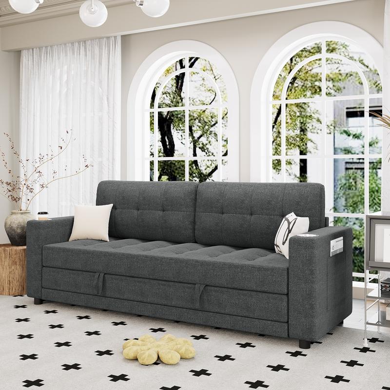 Queen Size 83” Pull-Out Futon Sofa Bed, Thick Upholstered Sleeper Loveseat, Convertible Floor Couch – Dark Grey | HYZQ