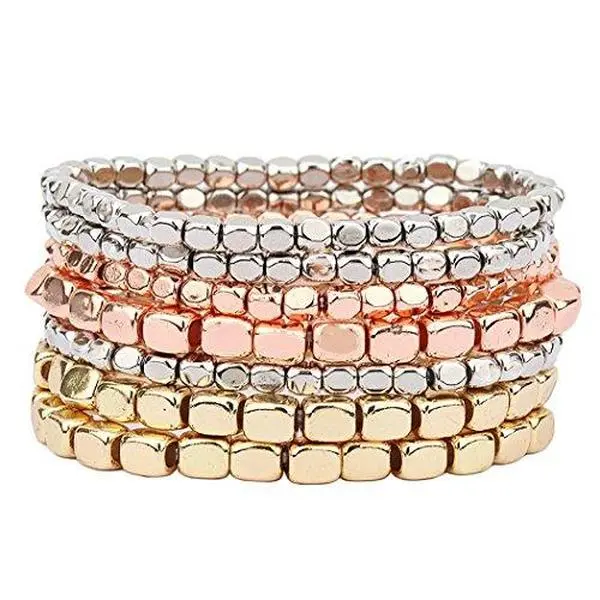 Bangles Bracelets Set - Tri-Tone Chunky Enamel-Coated Beaded Bracelets, Stretchy Silver, Pink, Beige Elegant Costume Jewelry Accessories