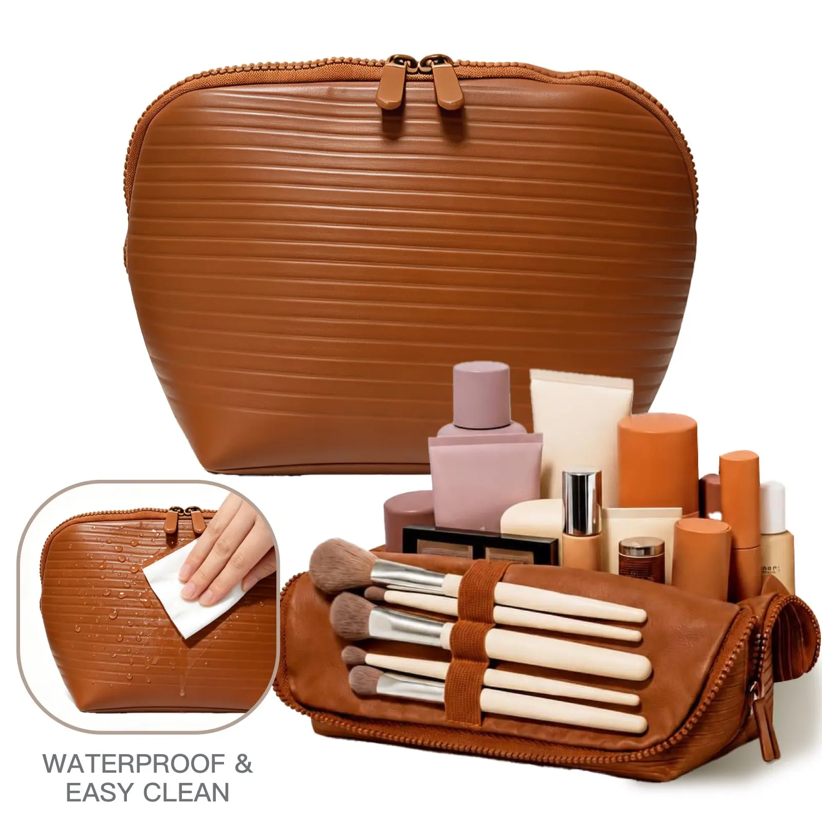 Travel Makeup Bag for Women, Waterproof Stand Up Cosmetic Bag with Brush Holders, Organizer Bag with Compartments, Fold-Down Design for Skincare, Toiletries & Essentials (Brown, Medium)