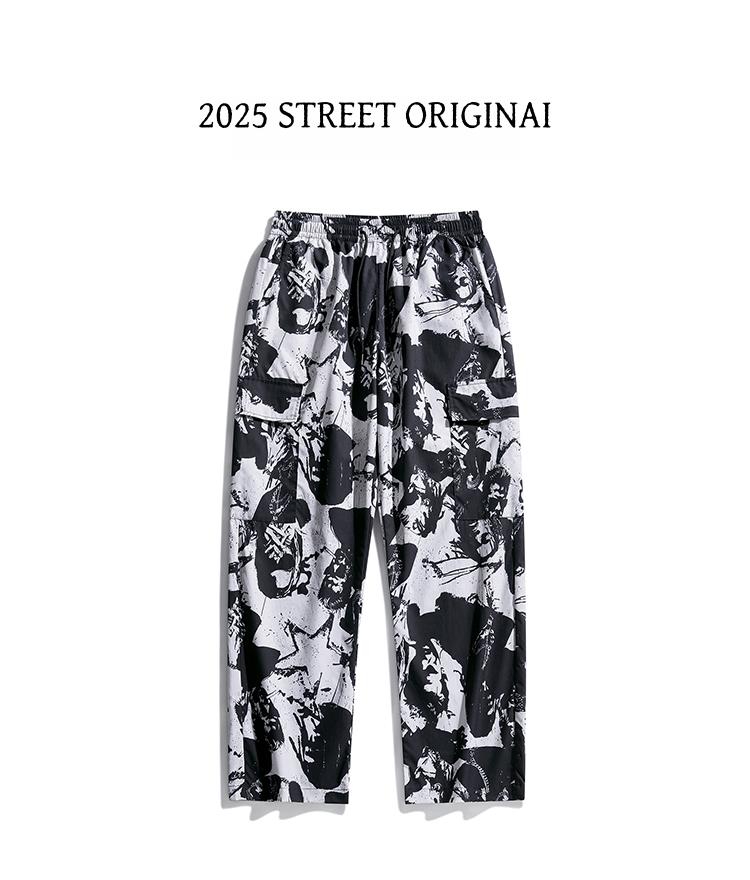 Artistic ink printing casual pants men's loose hanging high street pants black and white graffiti trend straight pants