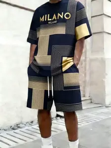 American Luxury Milano Printed Set, Menswear Striped Short Sleeve Shorts, Casual Fitted Tee, All Seasons Wear