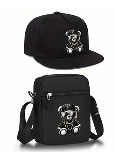2pcs Street Style Bear Print Baseball Cap & Crossbody Bag Set, Versatile Adjustable Hip Hop Hat for Outdoor Sports, Perfect Gift Idea, Animal Print Snapback