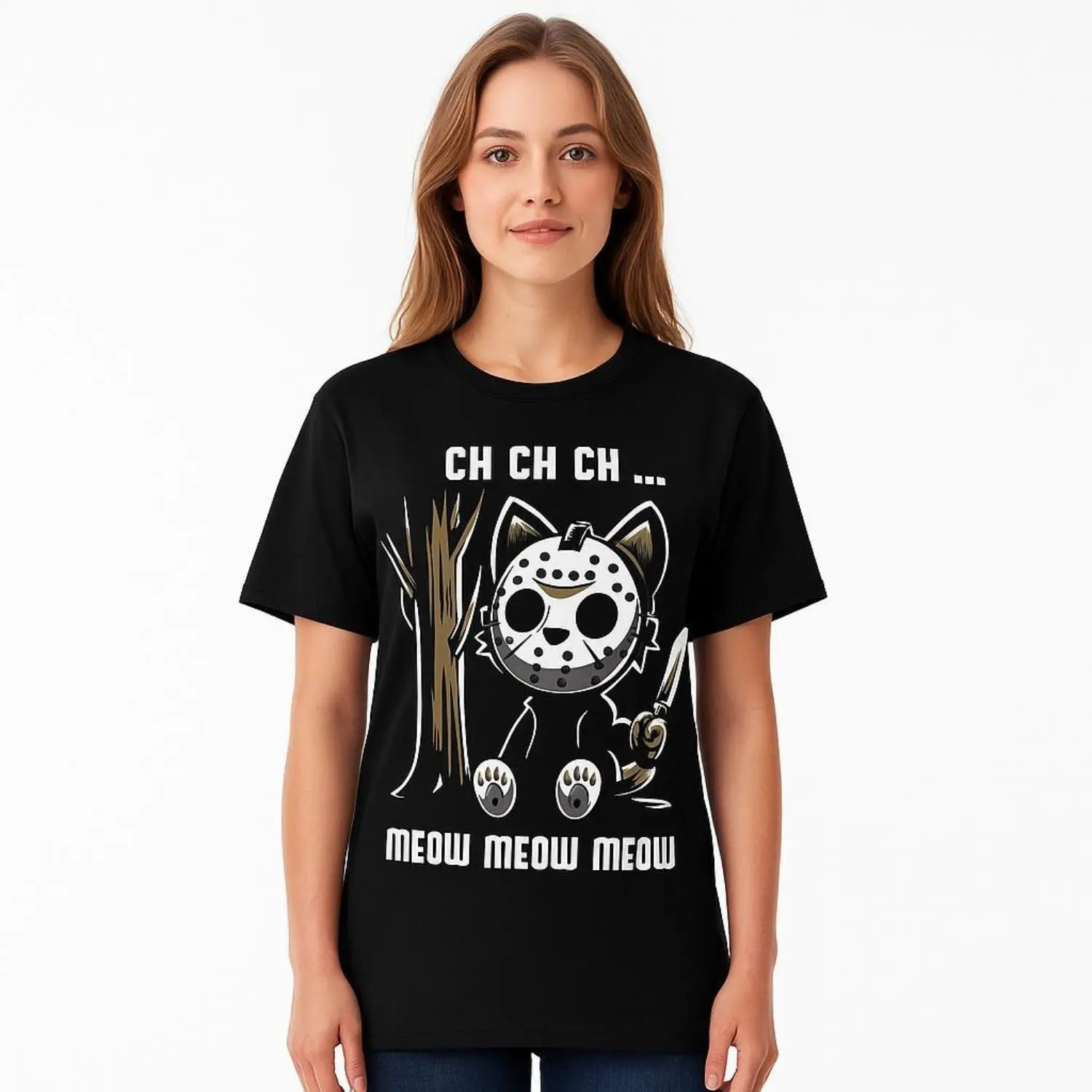 Funny retro pattern cat movie horror T-shirt cotton casual summer T-shirt, fashionable top round neck T-shirt suitable for Halloween wear and gifts