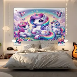 Magical Unicorn Adventure Tapestry, Dreamy Rainbow Unicorn Wall Tapestry, Whimsical Home Decor with Adorable Winged Unicorns and Floral Designs, Soft Pastel Digital Print Wall Tapestry for Kids' Room, Playroom, or Fairy-Tale Themed Decor