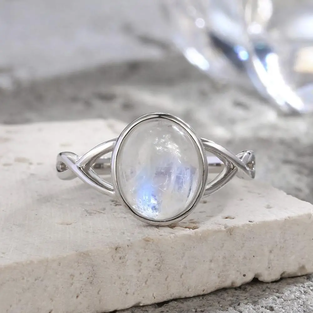 925 Silver Moonstone Ring Natural Stone Oval Shape 8*10MM Simple Minimalist Sliver Twist Ring Party Gifts Fine Jewelry for Women